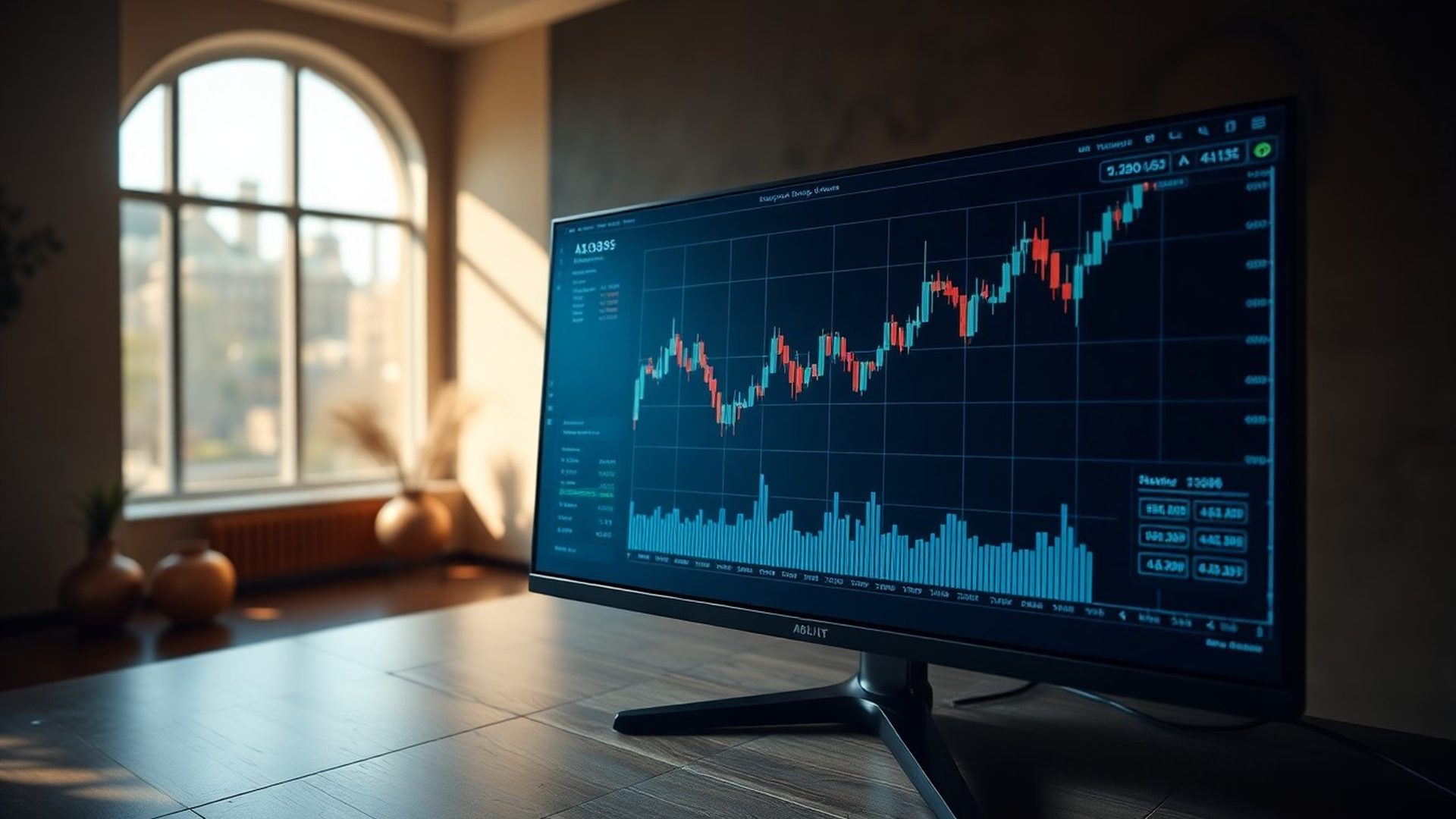 Panel de trading algorítmico con gráficos de velas y datos en tiempo real