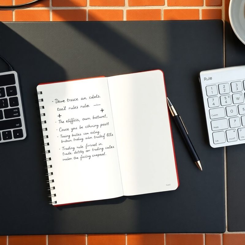 Teclado y libreta con notas manuscritas de reglas de trading sobre escritorio