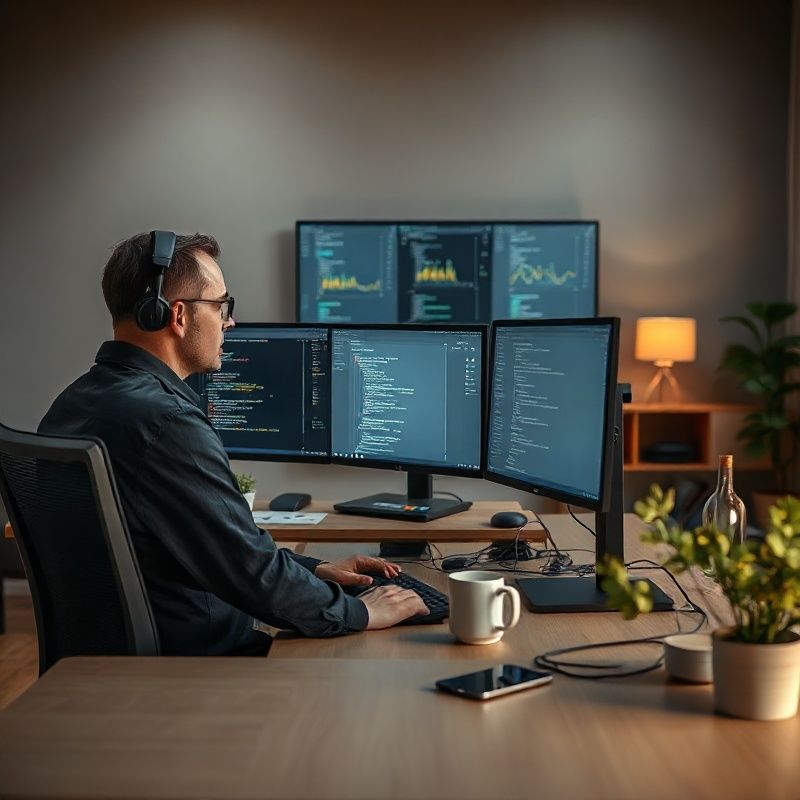 Ingeniero revisando código Python en monitores duales con un dashboard de trading