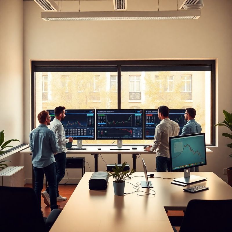 Equipo de software colaborando alrededor de un escritorio con monitores mostrando un dashboard de trading